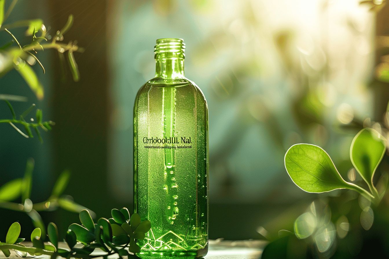 Flacon de liquide vert évoquant la chlorophylle