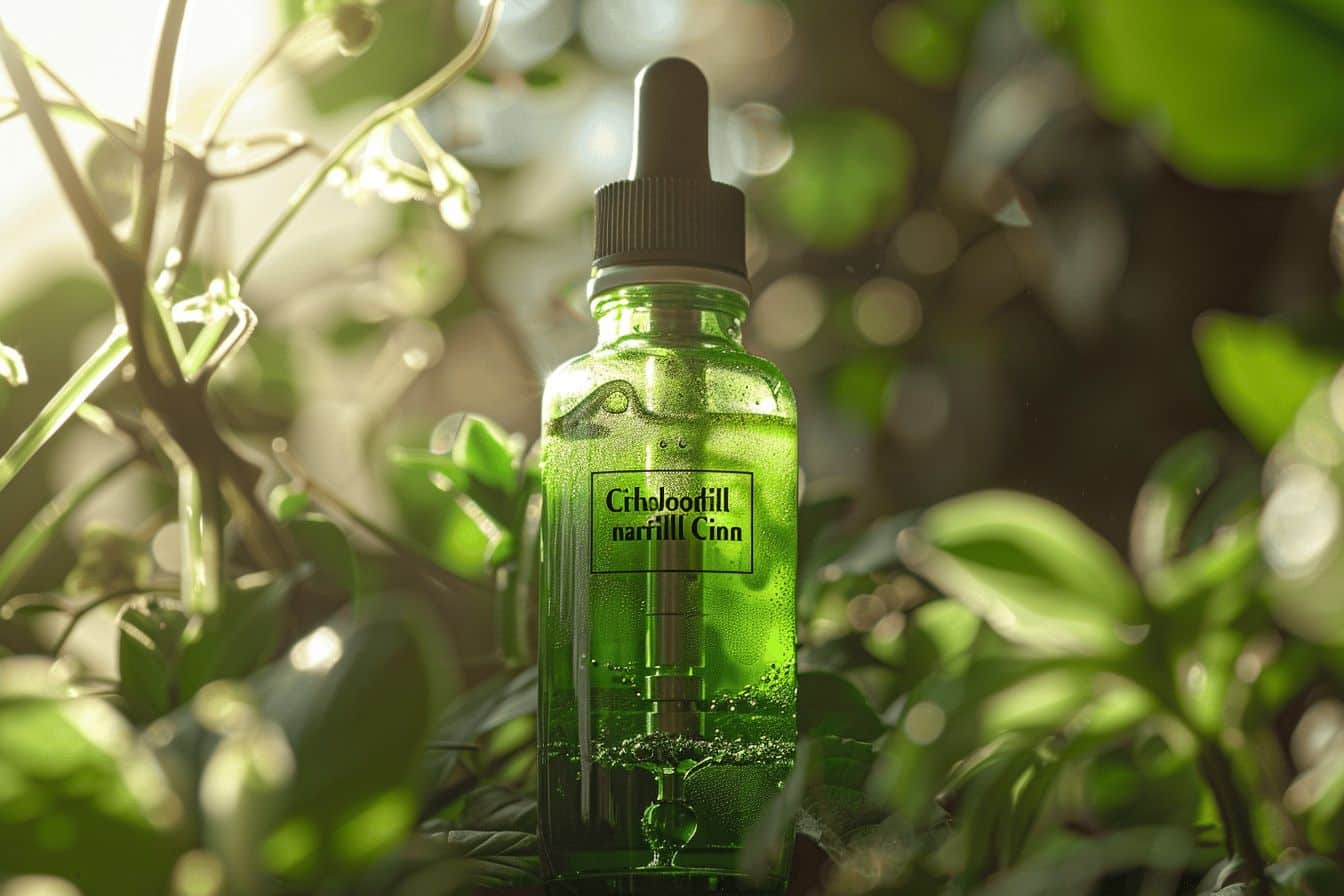 Flacon de liquide vert évoquant la chlorophylle  
Bouteille de e-liquide au parfum de chlorophylle